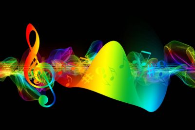 Image: Rainbow stylized musical notes and sound waves